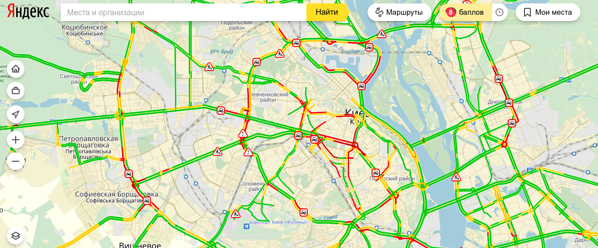Затори у Києві досягли 8 балів